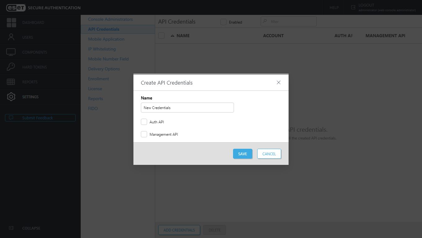 Finestra popup Crea credenziali API