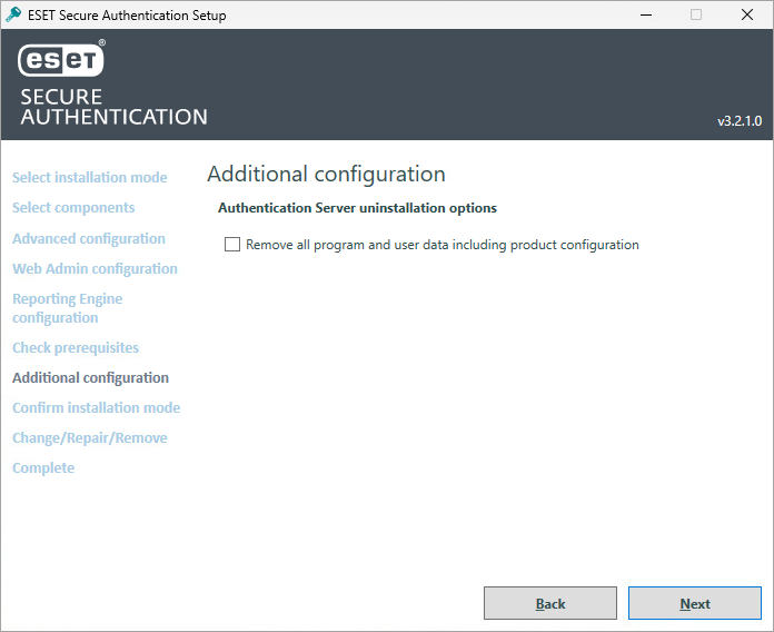 Schermata di configurazione aggiuntiva per rimuovere tutti i dati del programma e dell’utente, inclusa la configurazione del prodotto Schermata di configurazione aggiuntiva per rimuovere tutti i dati del programma e dell’utente, inclusa la configurazione del prodotto