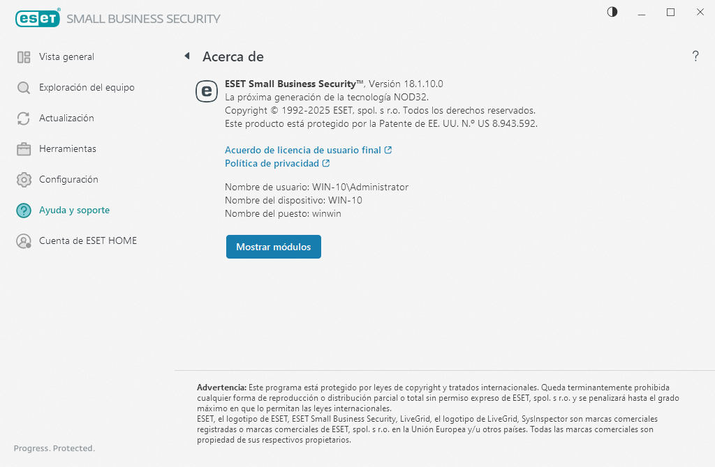 Detalles sobre la versión instalada