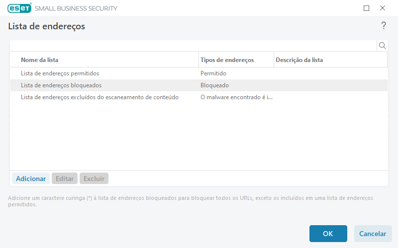 Lista de endereços