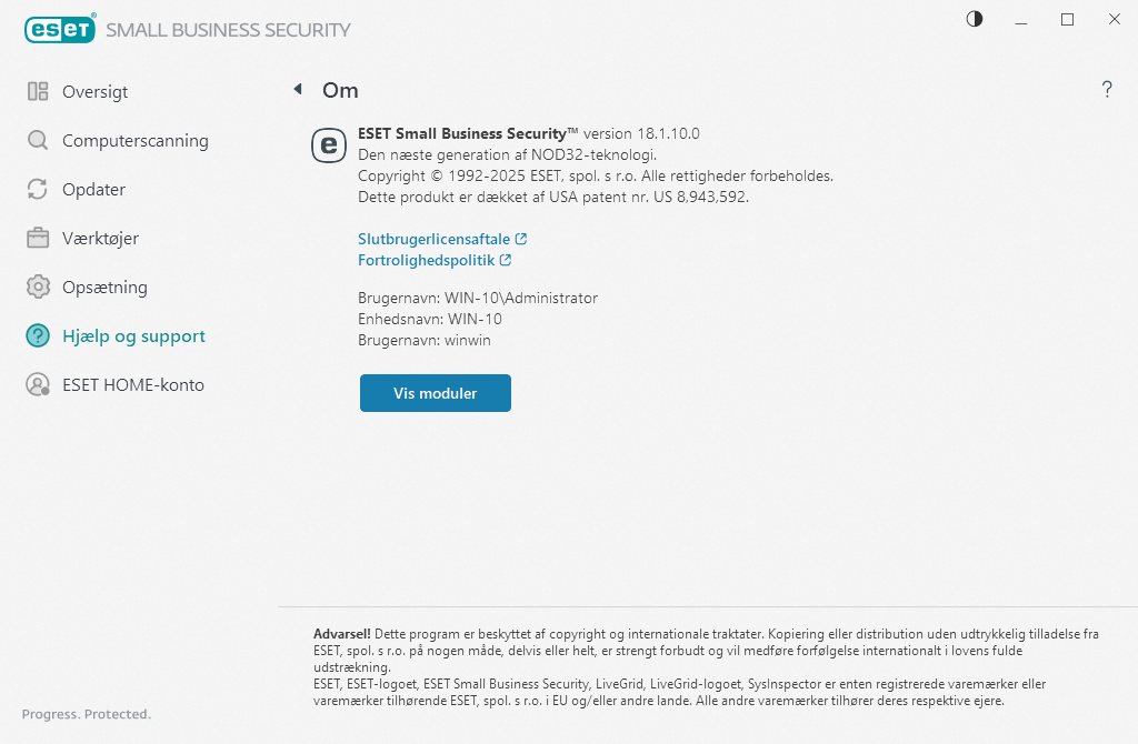 Oplysninger om installeret version Oplysninger om installeret version