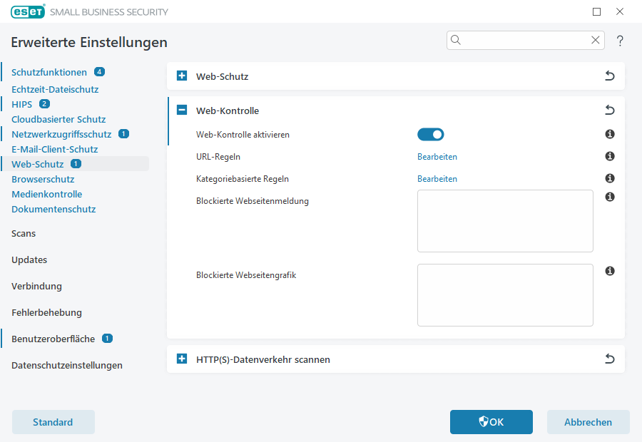 Erweiterte Einstellungen für die Web-Kontrolle