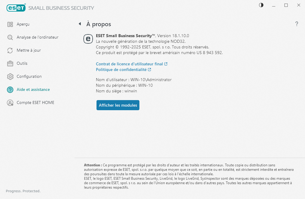 Détails à propos de la version installée