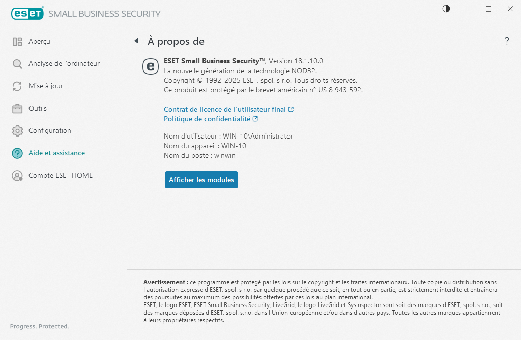 Informations détaillées sur la version installée Informations détaillées sur la version installée