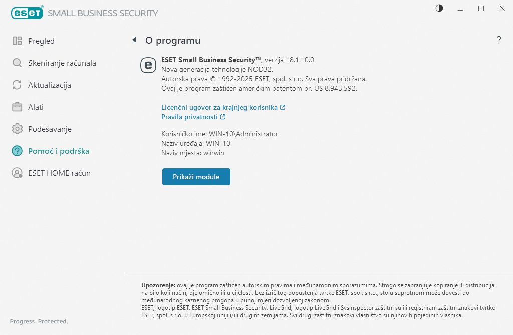 Pojedinosti o instaliranoj verziji