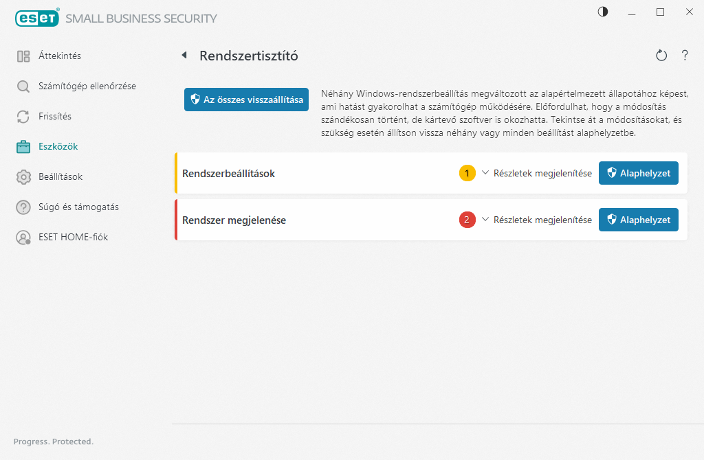 Rendszerbeállítások visszaállítása Rendszerbeállítások visszaállítása