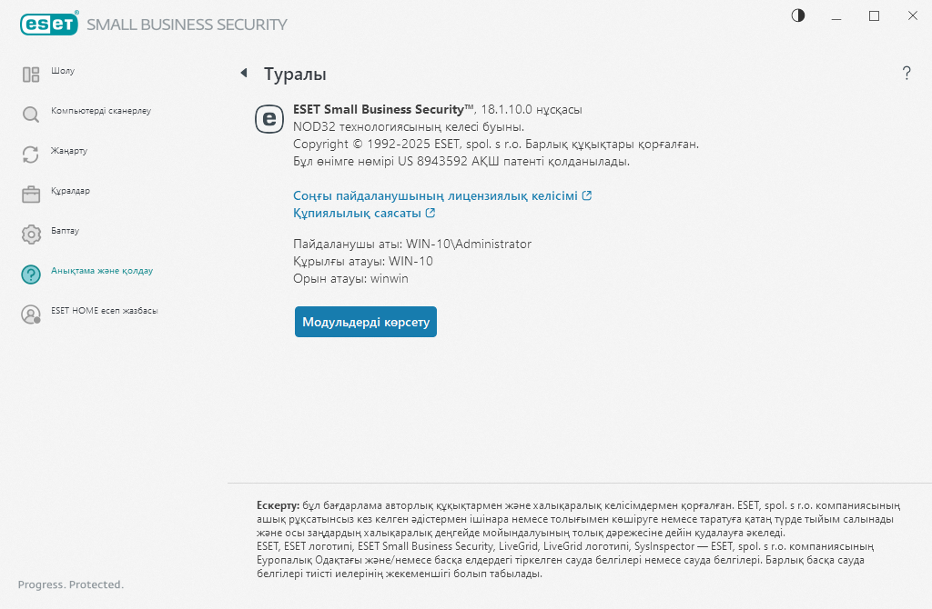Орнатылған нұсқа туралы мәліметтер
