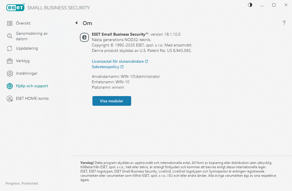 Information om den installerade versionen