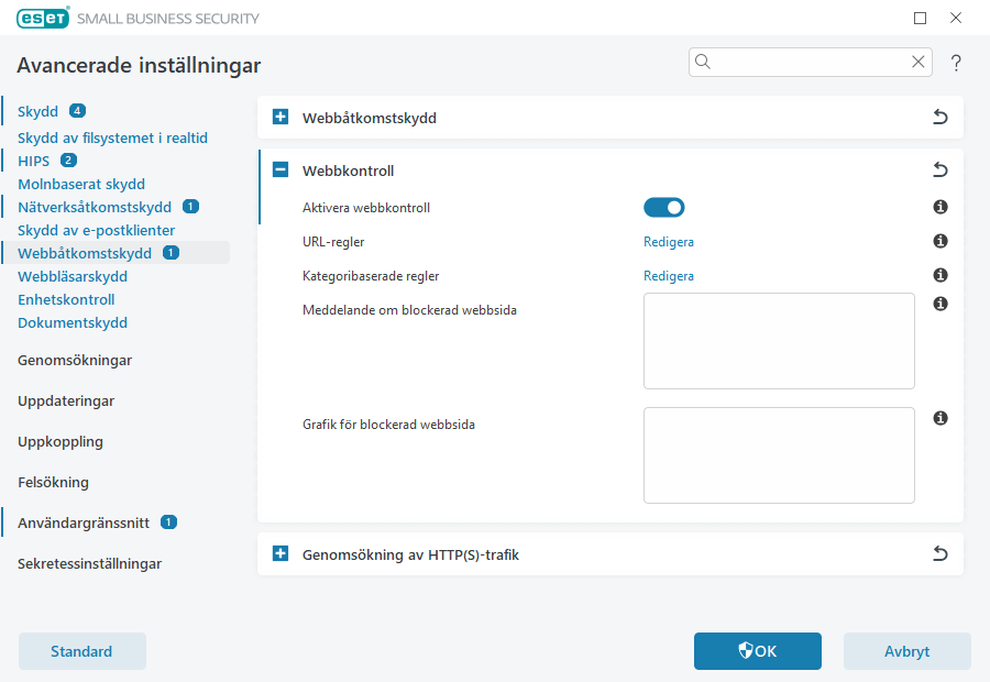 Avancerade inställningar för webbkontroll Avancerade inställningar för webbkontroll
