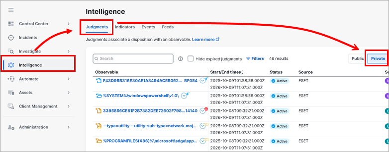 Judgments shown in Cisco XDR Judgments shown in Cisco XDR