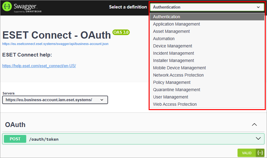Selecting the domain in Swagger