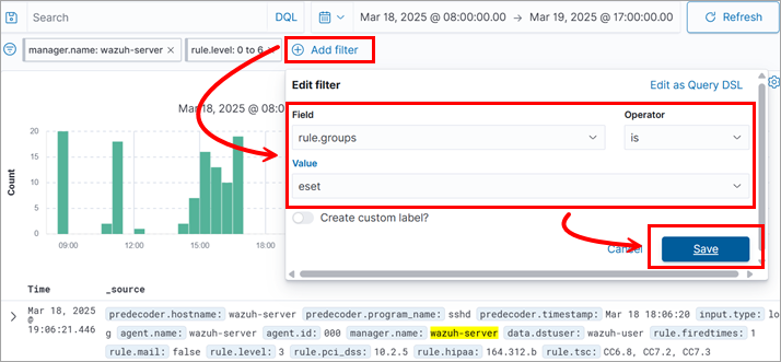 Filtering for ESET detection logs in the Wazuh dashboard Filtering for ESET detection logs in the Wazuh dashboard