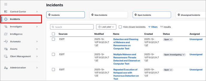 Incidents shown in Cisco XDR Incidents shown in Cisco XDR