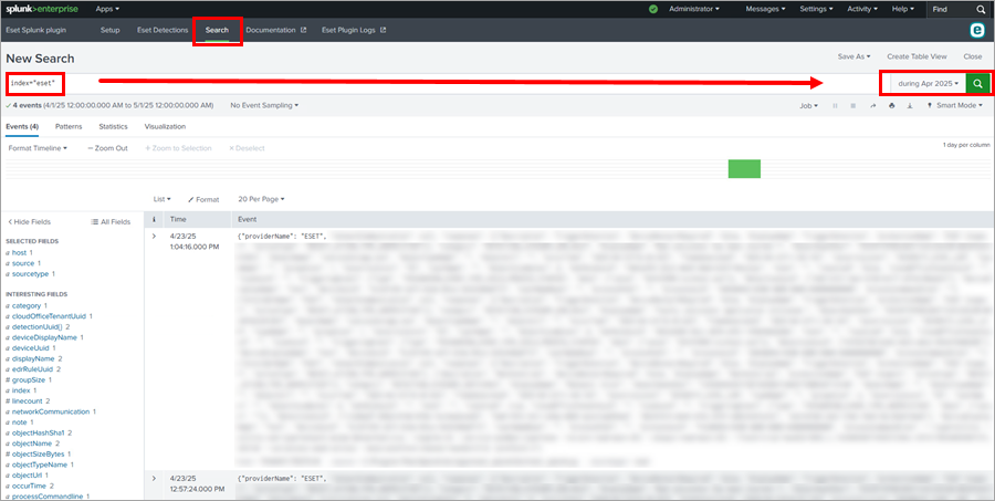 Searching for ESET detections on the Search page
