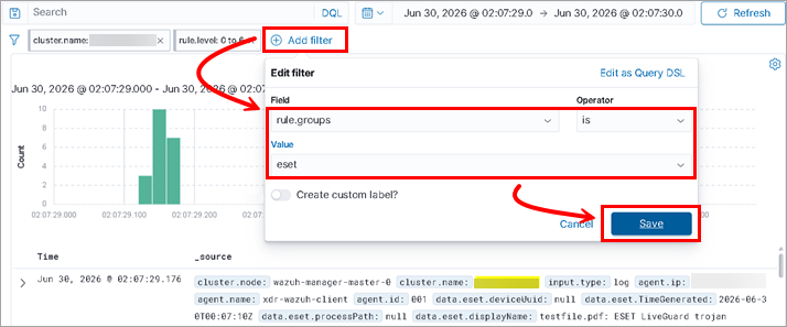 Filtering for ESET detection logs in the Wazuh Cloud dashboard Filtering for ESET detection logs in the Wazuh Cloud dashboard