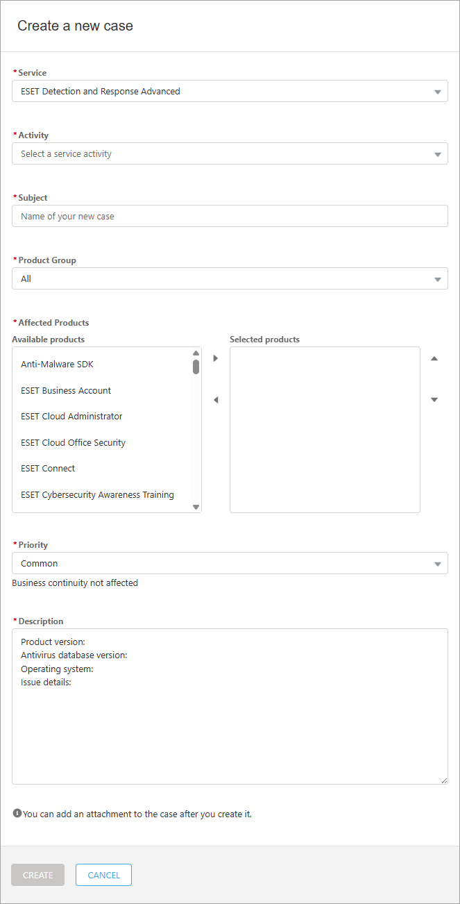 Create a new case ESET Detection and Response Advanced