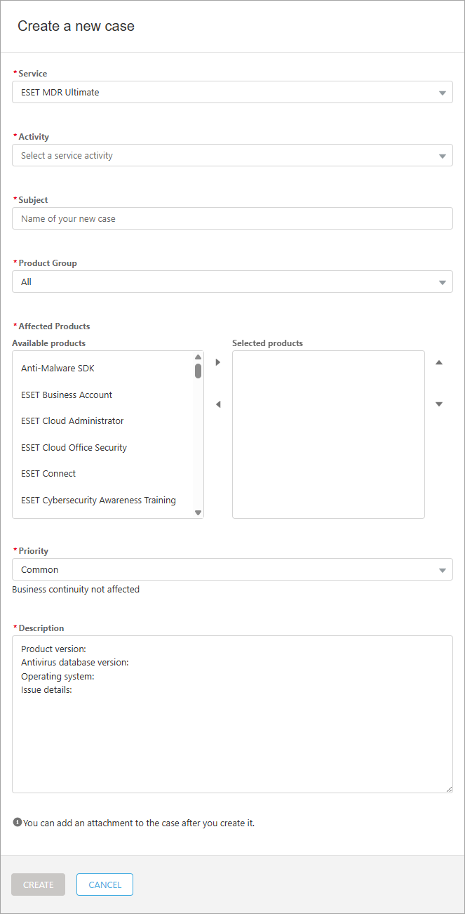 Create a new case ESET MDR Ultimate