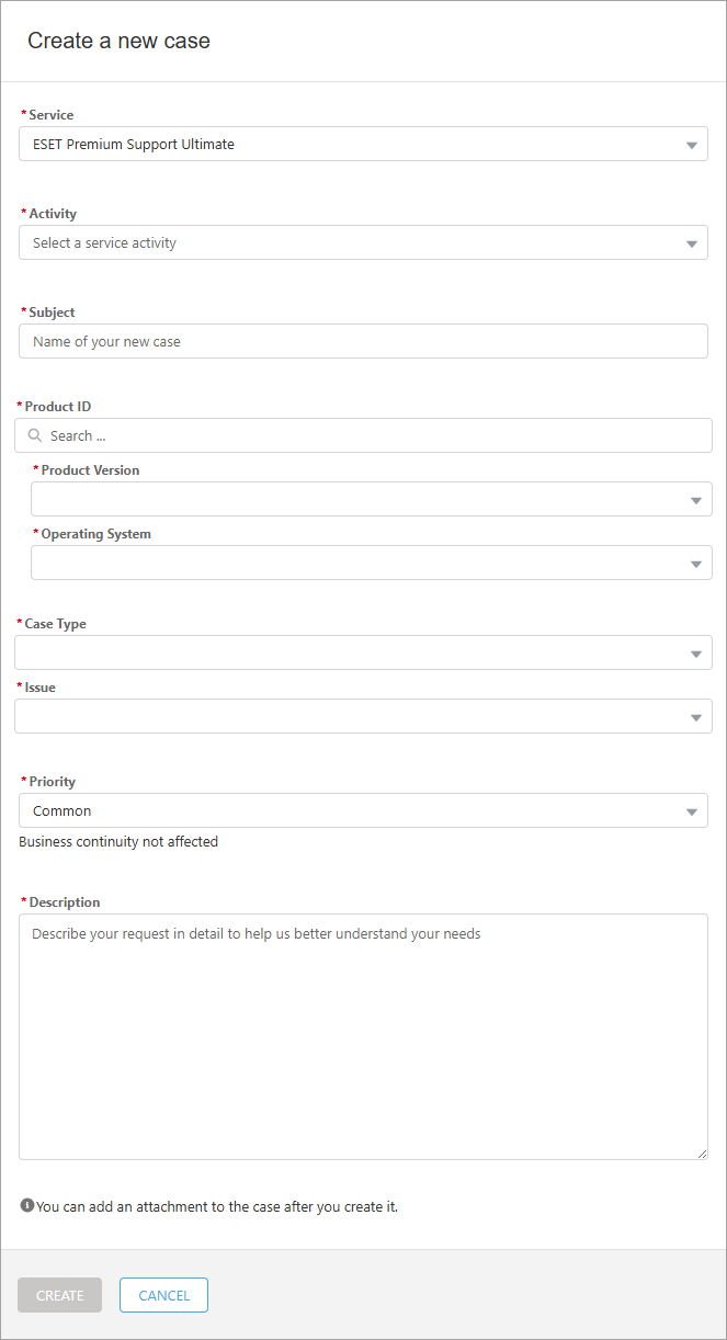 Create a new case ESET Premium Support Ultimate