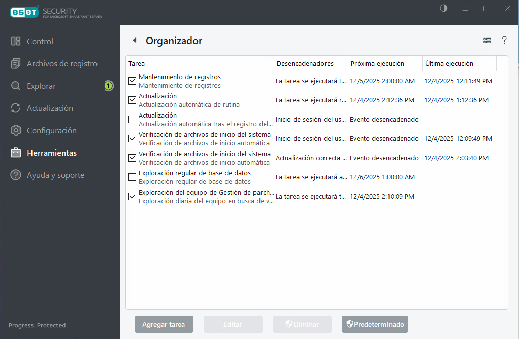 ESET Security for Microsoft SharePoint Tareas programadas