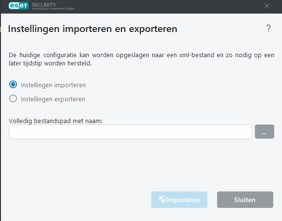 ESET Security for Microsoft SharePoint Instellingen importeren en exporteren ESET Security for Microsoft SharePoint Instellingen importeren en exporteren