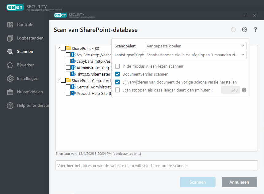 Scandoelen voor SharePoint-database Scandoelen voor SharePoint-database
