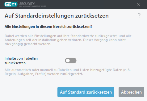 Abschnitt „Auf Standard zurücksetzen“