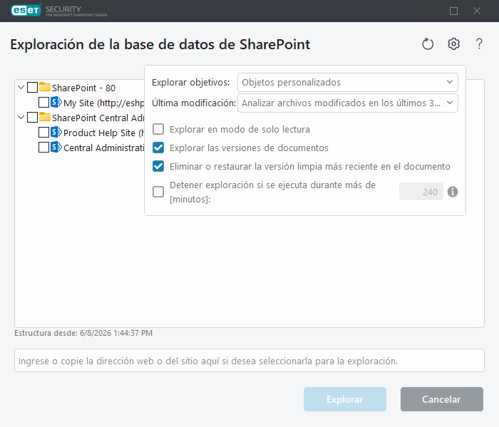Destinos de exploración de la base de datos de SharePoint
