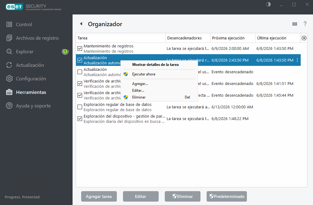 ESET Security for Microsoft SharePoint Tareas programadas ESET Security for Microsoft SharePoint Tareas programadas