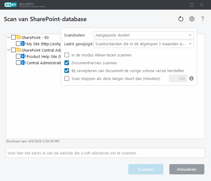 Scandoelen voor SharePoint-database