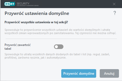 Sekcja Przywracanie ustawień domyślnych Sekcja Przywracanie ustawień domyślnych