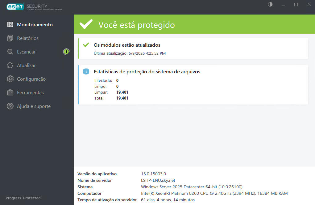 Status de monitoramento ESET Security for Microsoft SharePoint