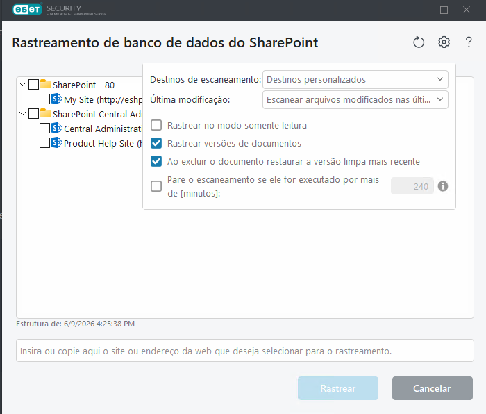 Destinos de rastreamento de banco de dados SharePoint