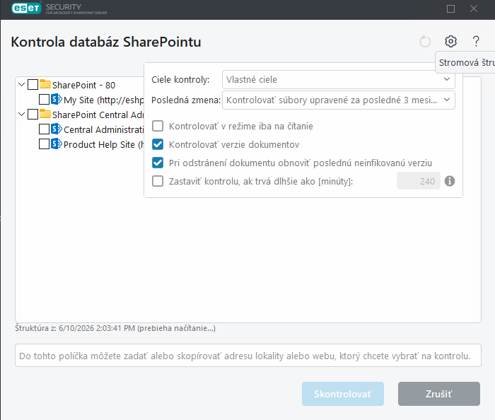 Ciele kontroly databáz SharePointu