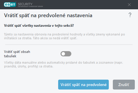 Okno Vrátiť späť na predvolené