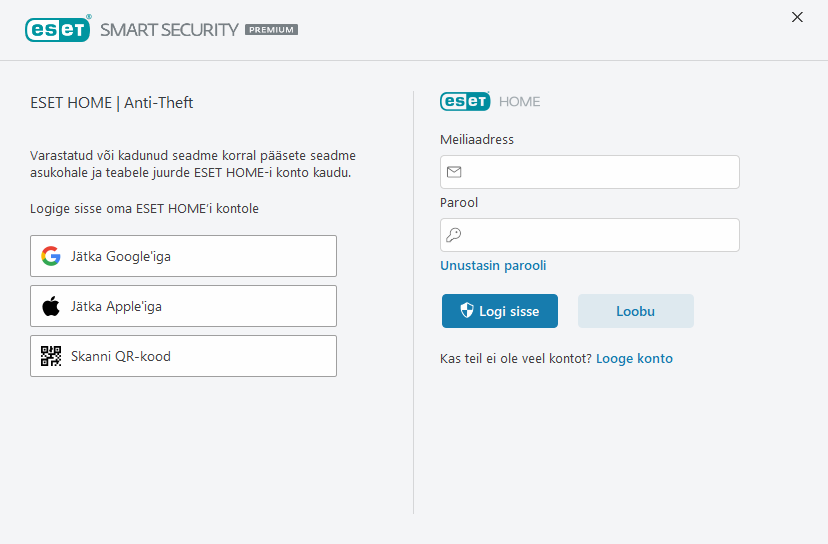 Sisselogimine portaali ESET HOME