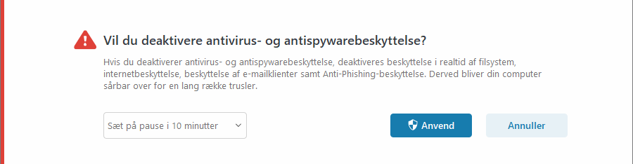 Meddelelse om deaktivering af antivirus- og antispywarebeskyttelse Meddelelse om deaktivering af antivirus- og antispywarebeskyttelse