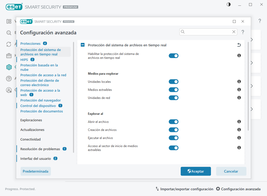 Protección del sistema de archivos en tiempo real Protección del sistema de archivos en tiempo real