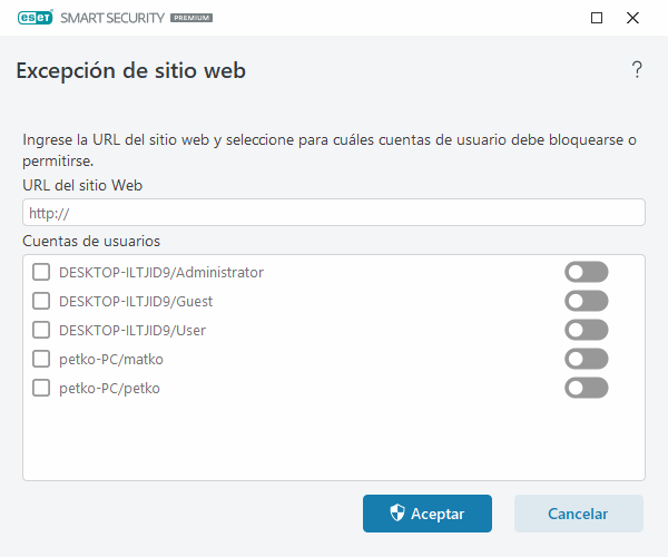 Excepción de sitio web Excepción de sitio web