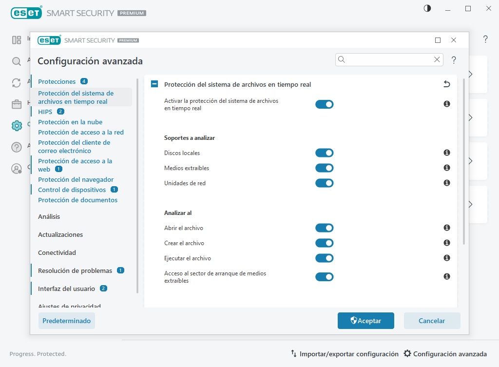 Protección del sistema de archivos en tiempo real Protección del sistema de archivos en tiempo real