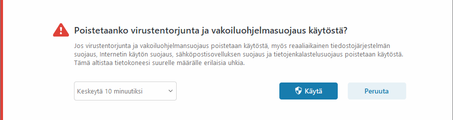 Poista käytöstä virustentorjunnan ja vakoiluohjelmasuojauksen ilmoitus