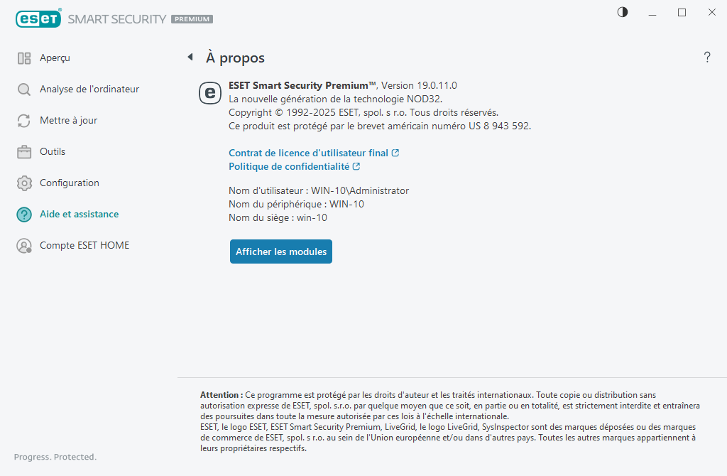 Détails à propos de la version installée Détails à propos de la version installée