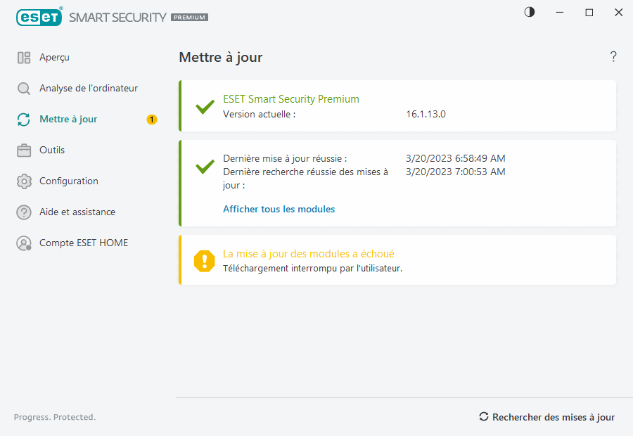 La mise à jour des modules a échoué