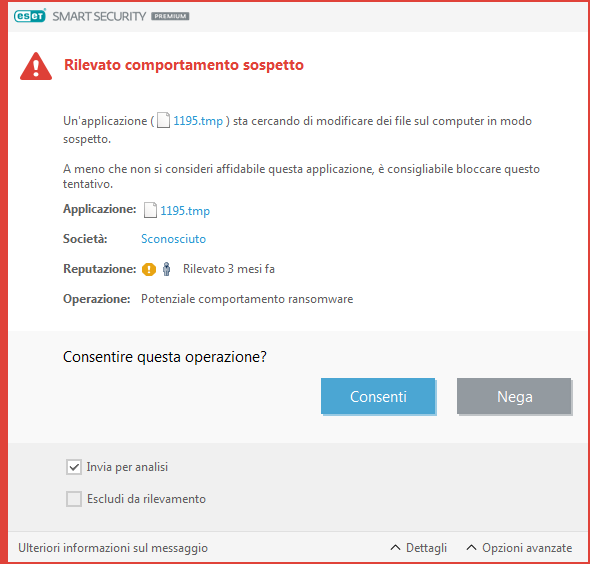 Rilevato potenziale comportamento ransomware