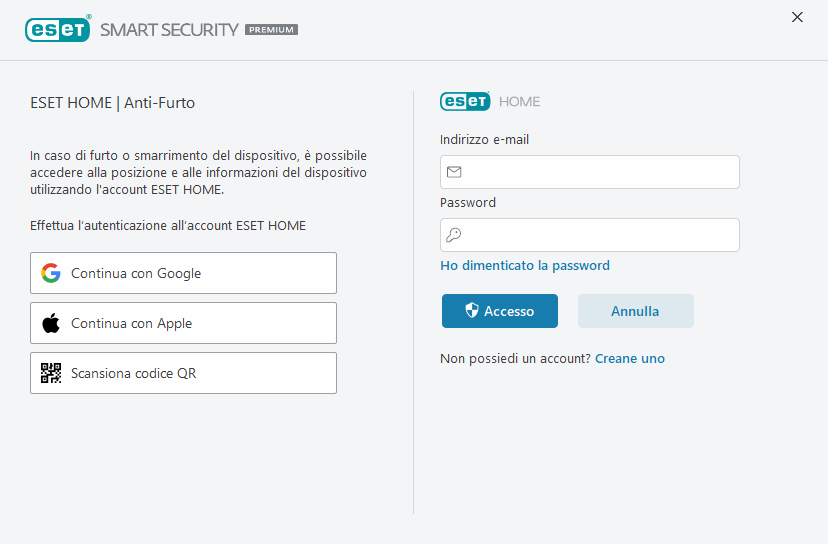 Effettua l’autenticazione a ESET HOME