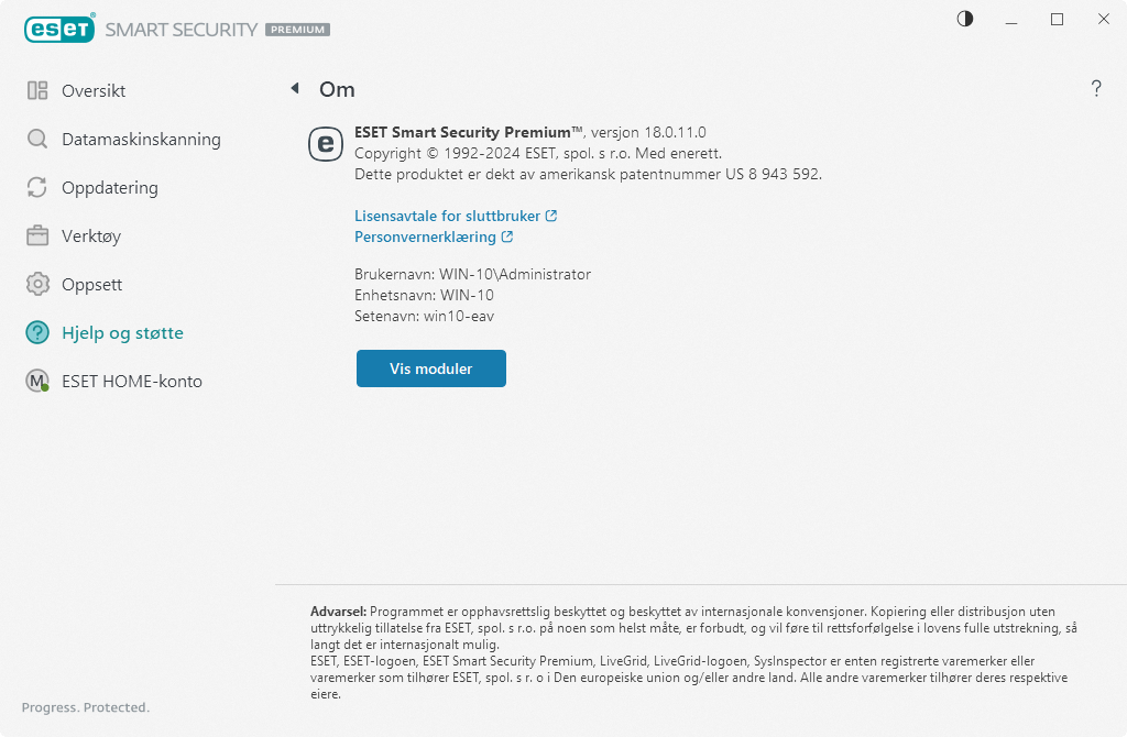 Detaljer om den installerte versjonen