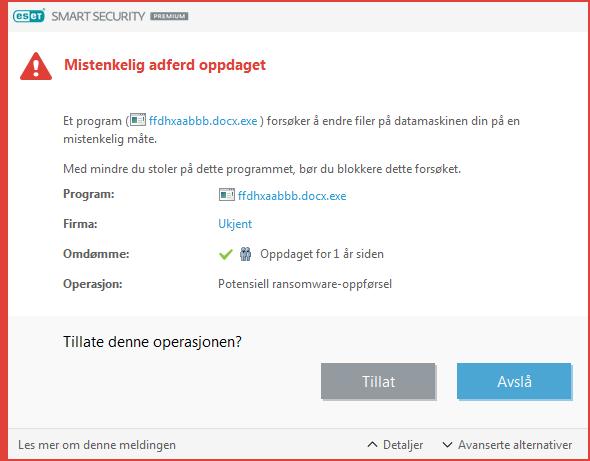 Potensiell ransomware-oppførsel gjenkjent Potensiell ransomware-oppførsel gjenkjent