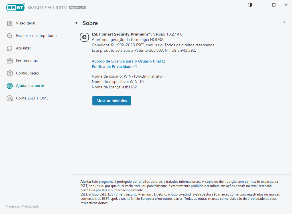 Detalhes sobre a versão instalada