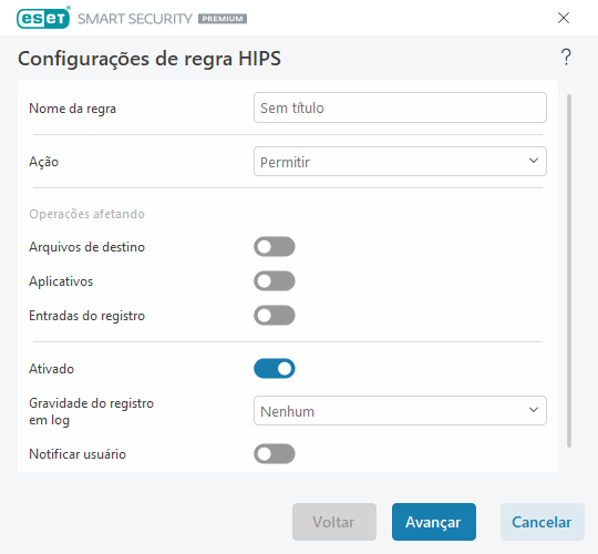 Configurações de regra HIPS