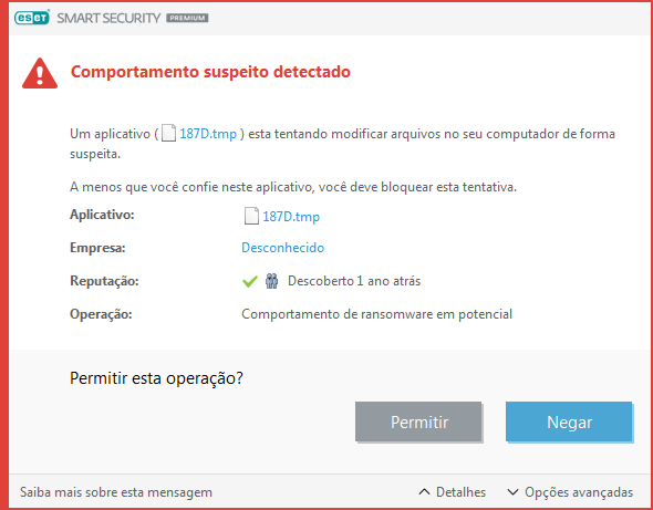 Comportamento de ransomware em potencial detectado Comportamento de ransomware em potencial detectado