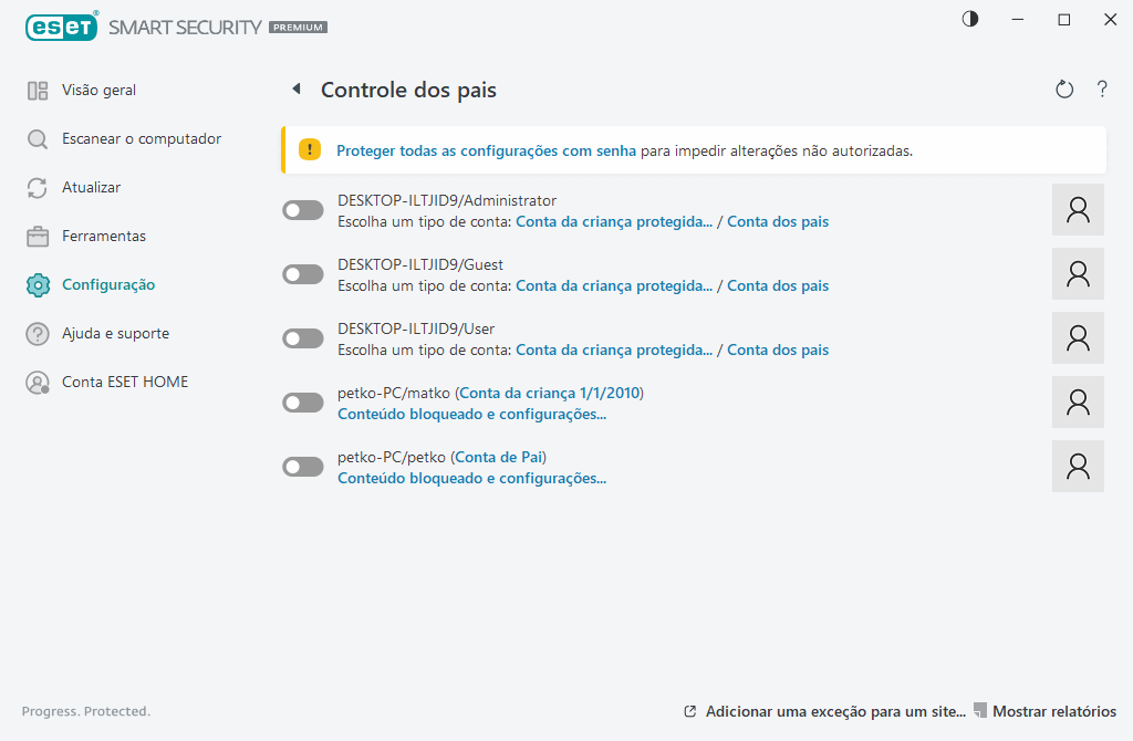 Controle dos pais Controle dos pais